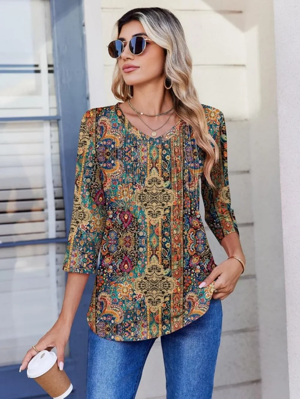 Boho Floral Blouse with V-Neck | 3/4 Sleeve Tunic Top for Work & Casual Wear